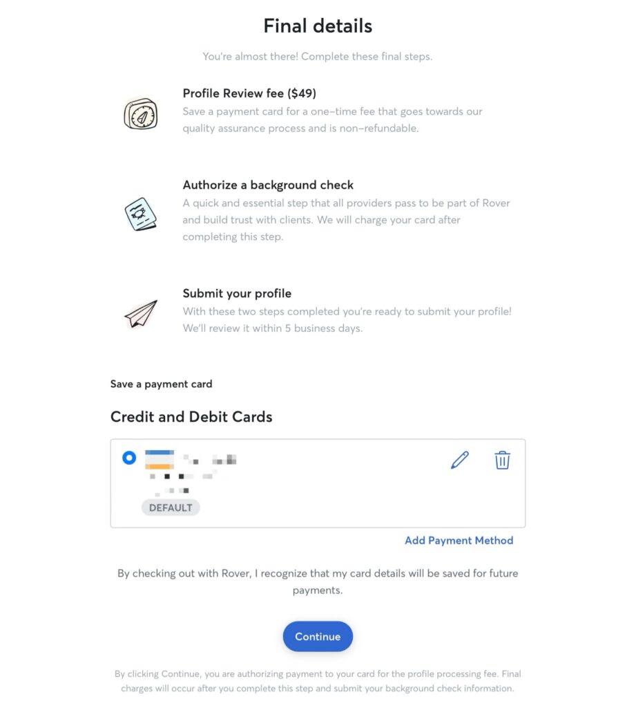 Rover 登録料の支払いとバックグラウンドチェック